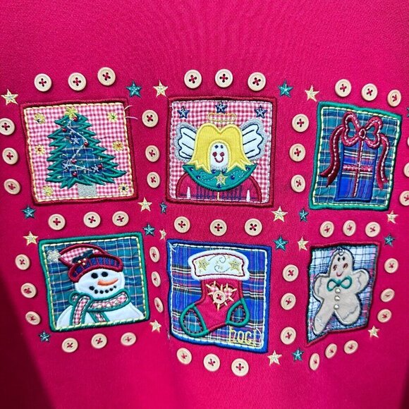 Vintage Holiday Winter Christmas Sweatshirt Embroidered Quilted Red Adorable PS - Picture 7 of 10